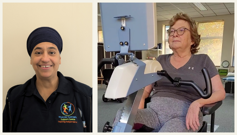 Two photos in one collage. On the left is Suki, our Therapy Assistant, who will assist with independent exercise. On the right a service user is cycling on our Tigo bike.
