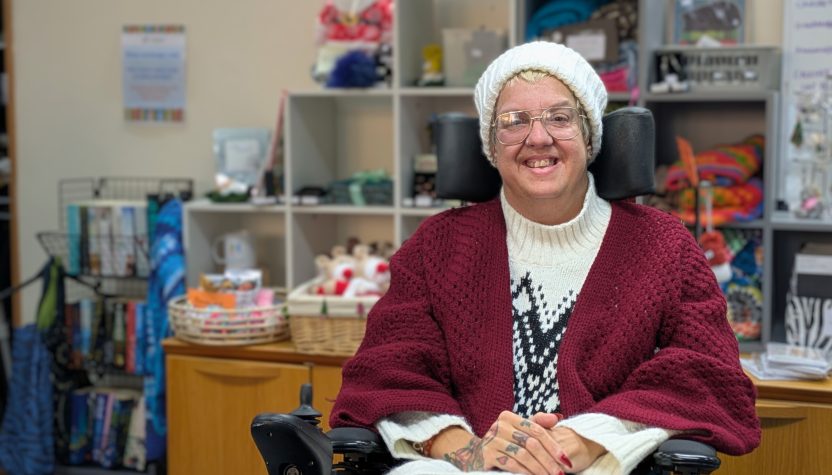 Clair Mchale, who is running the Knitter Natter group, in the MD Support Centre shop