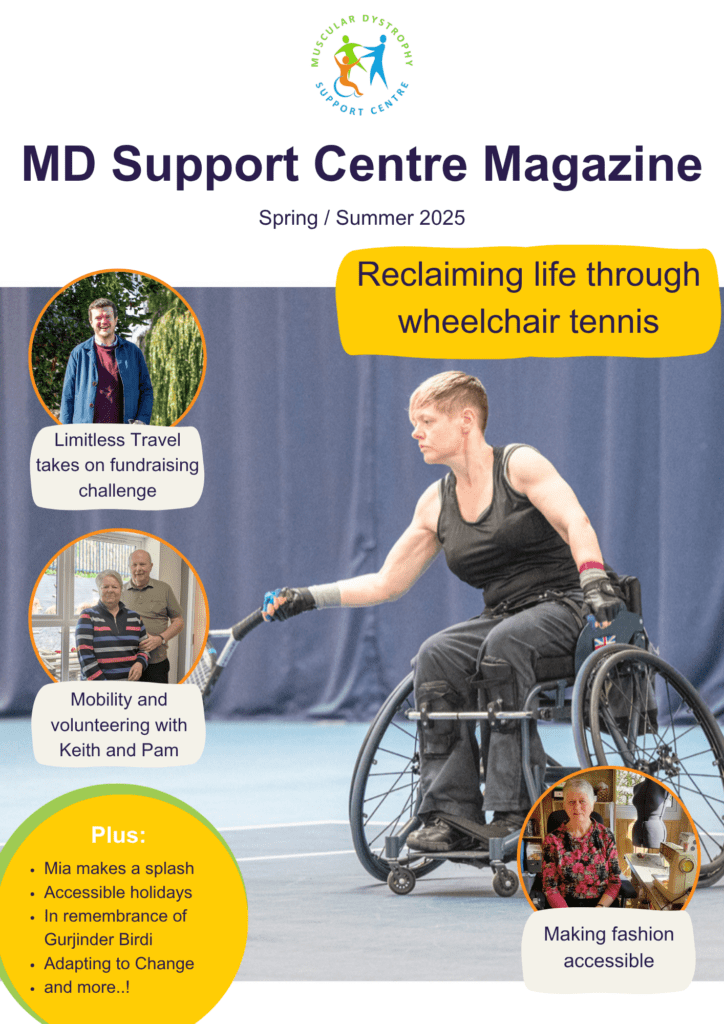 the front cover of the spring / summer 2025 magazine. The main image is of Sarah playing wheelchair tennis and there are three circles containing smaller photos of people featured in the magazine,