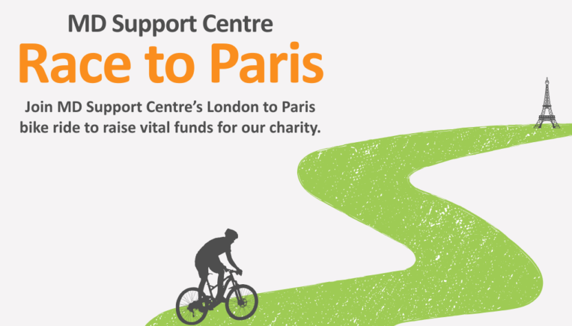 A graphic of a cyclist on a road with the Eiffel tower in the distance. On the left is a caption that reads MD Support Centre Race to Paris.