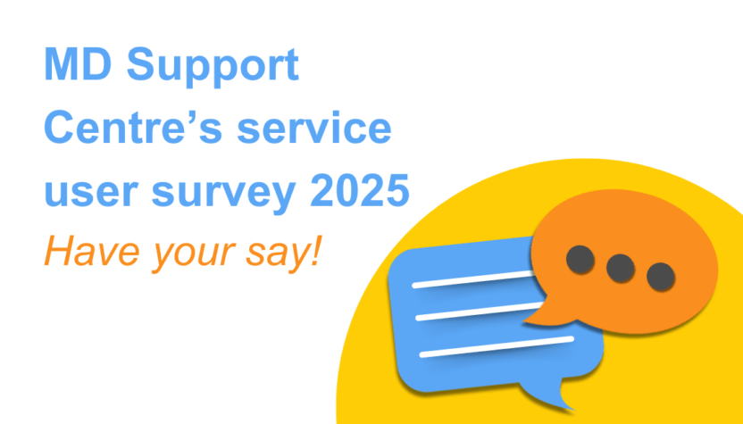 A blue and white speech bubble and an orange and black speech bubble on a yellow semi circle background. Text reads: MD Support Centre's service user survey 2025. Have your say!